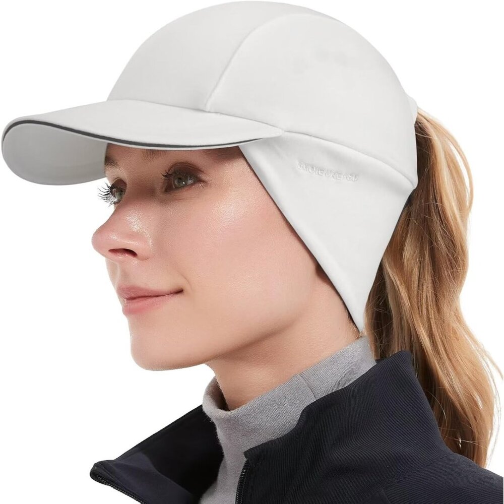 π Women's White Winter Reflective Fleece Ponytail Hat with Ear Warmers
